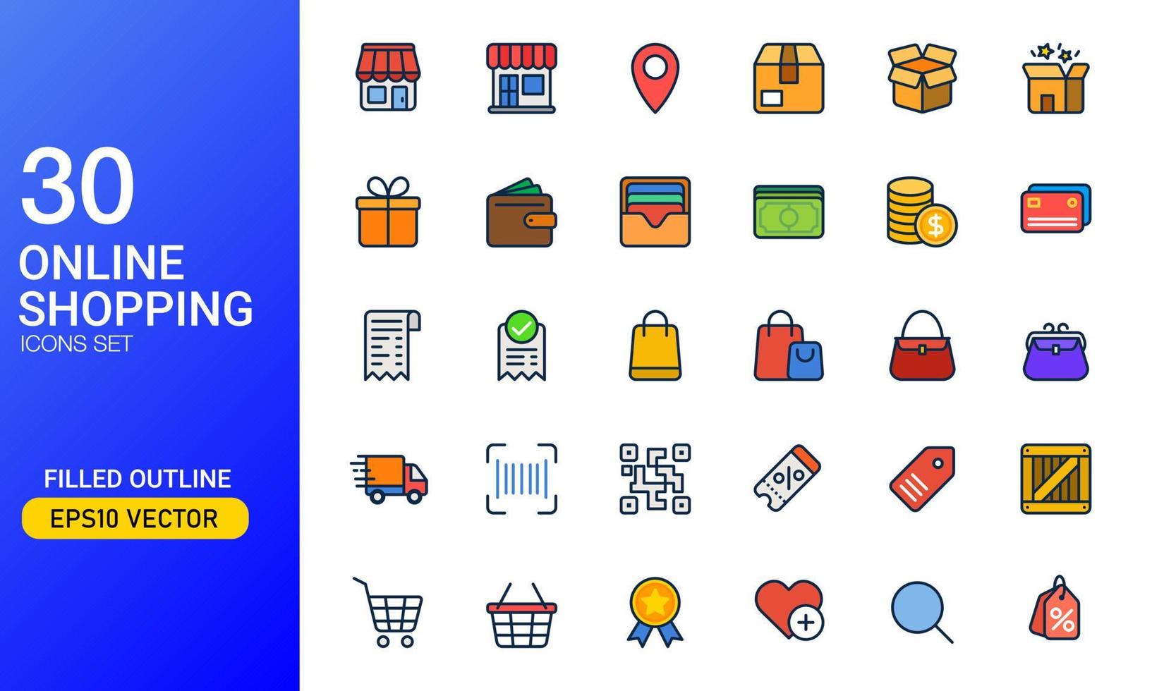 Commerce and shopping icon set in filled outline style. Suitable for design element of online shopping app, digital marketplace, and open shop user interface. vector