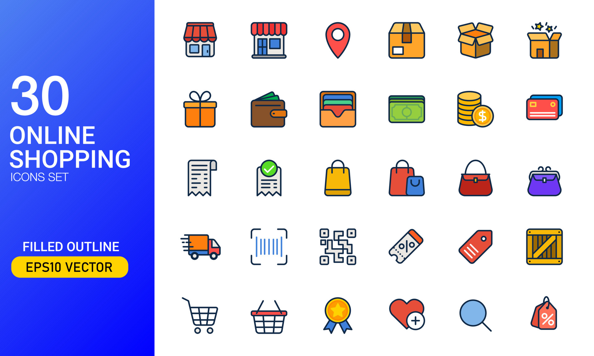 Commerce and shopping icon set in filled outline style