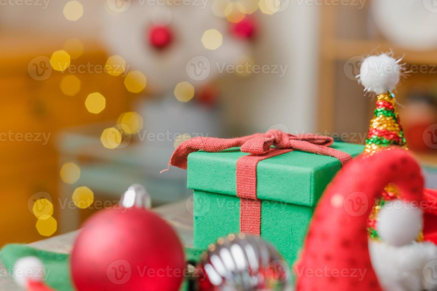 close up gift box with tinsel in new year and christmas party at home photo