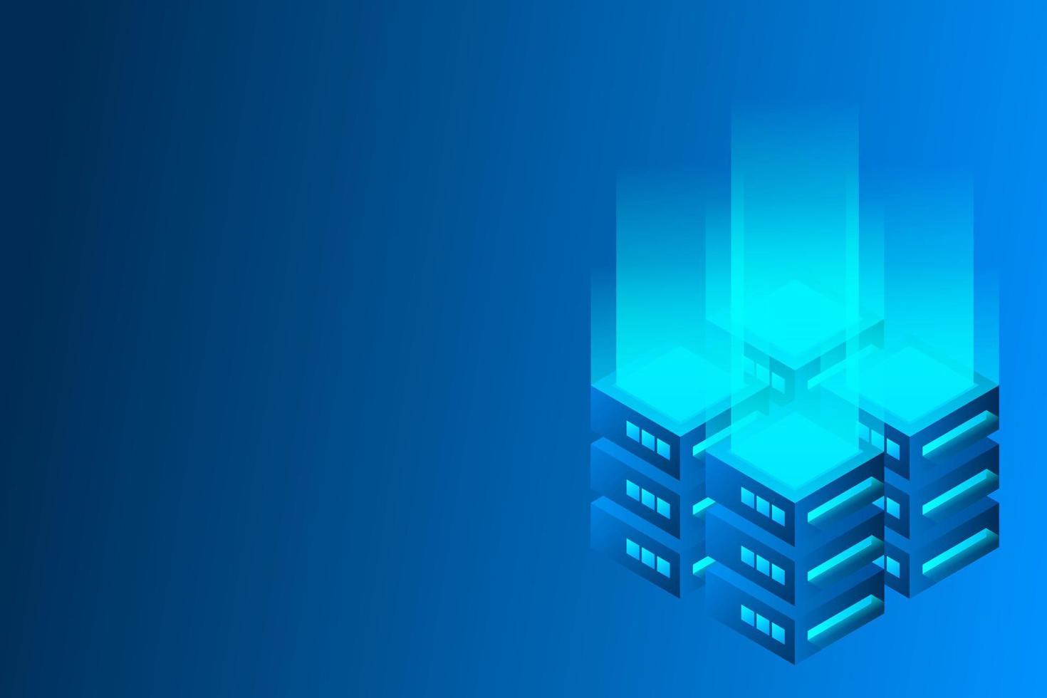 Datacenter isometric vector illustration. Abstract 3d hosting server or data center room background. Network or mainframe infrastructure website header layout