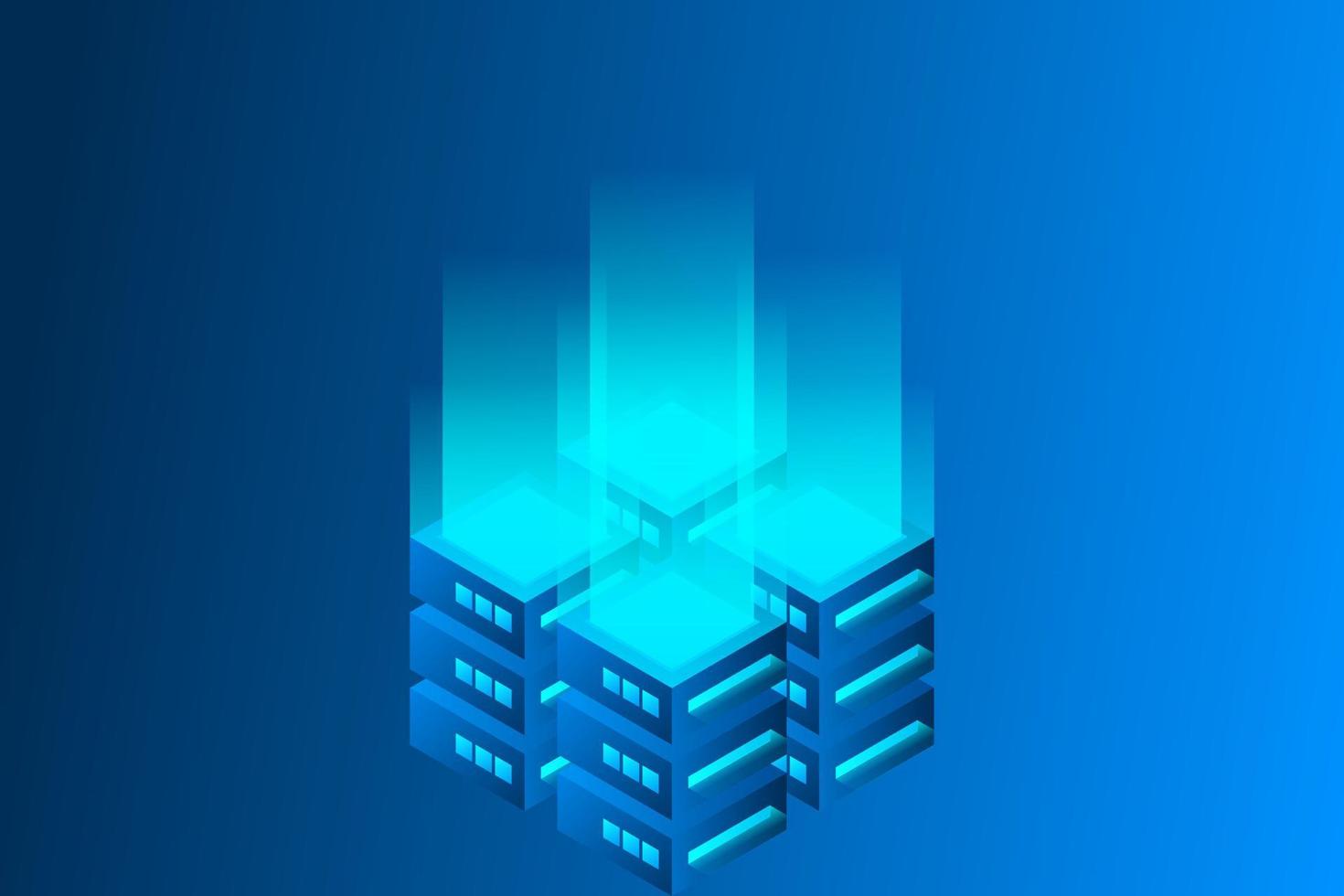 Datacenter isometric vector illustration. Abstract 3d hosting server or data center room background. Network or mainframe infrastructure website header layout