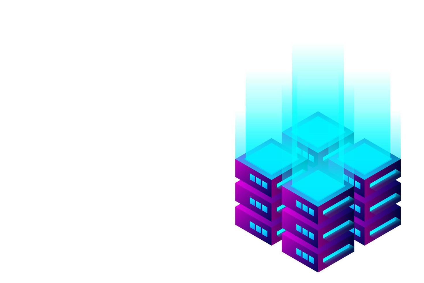 Datacenter isometric vector illustration. Abstract 3d hosting server or data center room background. Network or mainframe infrastructure website header layout