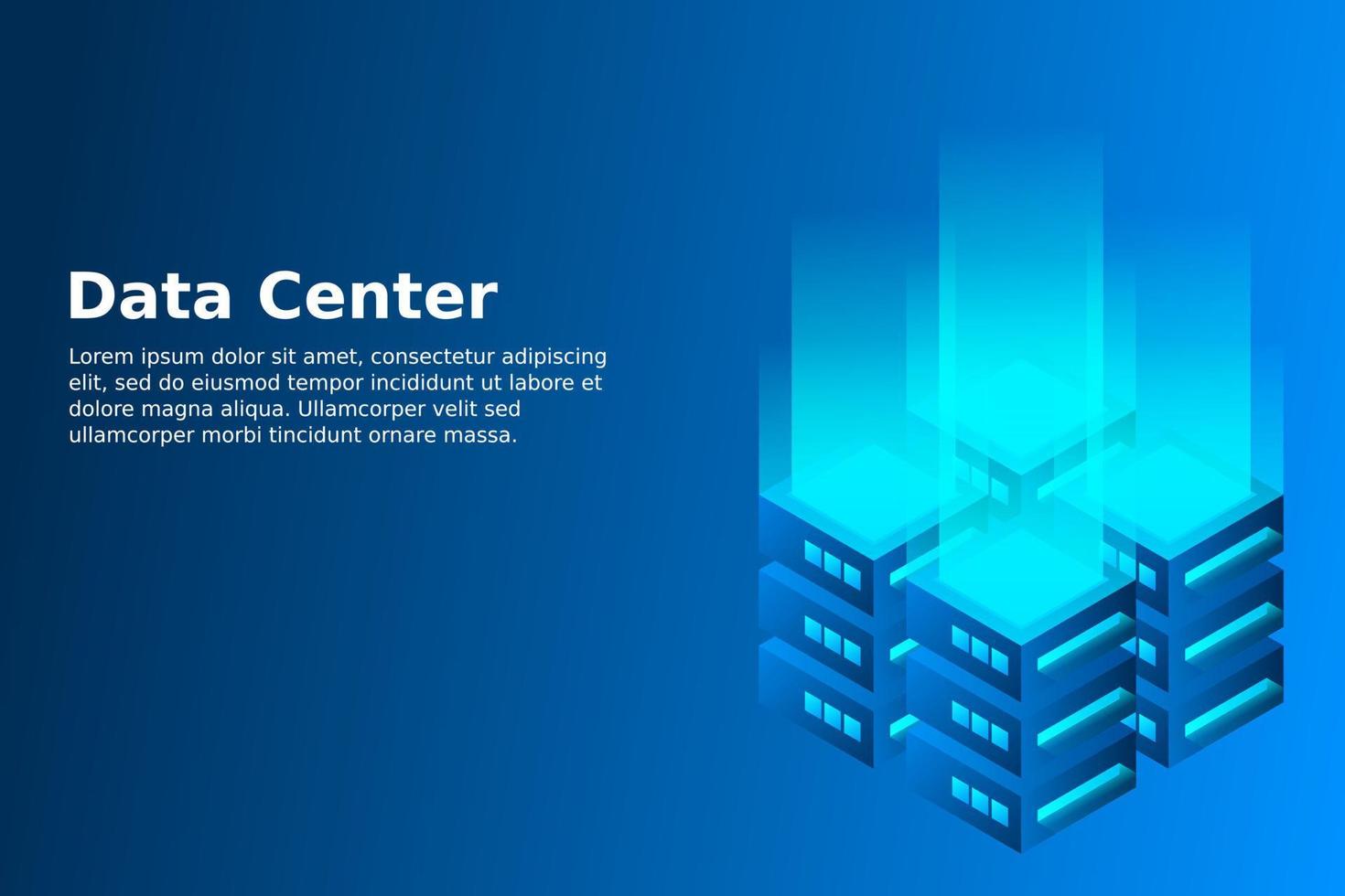 Datacenter isometric vector illustration. Abstract 3d hosting server or data center room background. Network or mainframe infrastructure website header layout