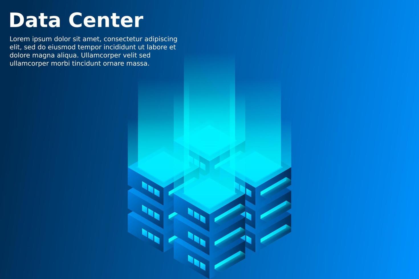 Datacenter isometric vector illustration. Abstract 3d hosting server or data center room background. Network or mainframe infrastructure website header layout