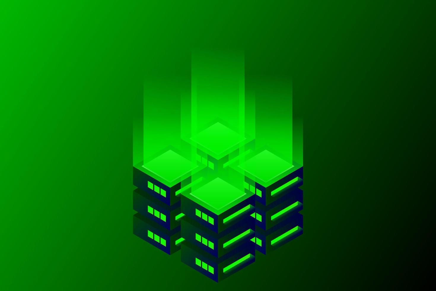 ilustración vectorial isométrica del centro de datos. servidor de alojamiento 3d abstracto o fondo de la sala del centro de datos. diseño de encabezado de sitio web de infraestructura de red o mainframe vector