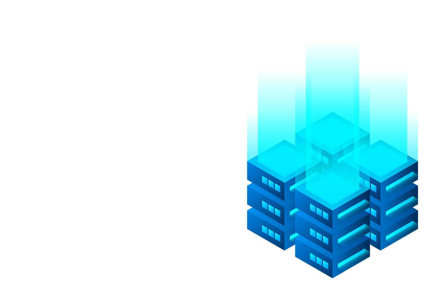 Datacenter isometric vector illustration. Abstract 3d hosting server or data center room background. Network or mainframe infrastructure website header layout