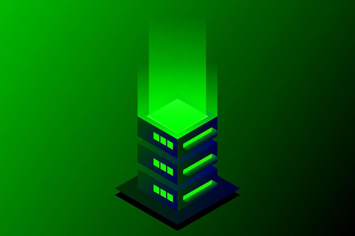 ilustración vectorial isométrica del centro de datos. servidor de alojamiento 3d abstracto o fondo de la sala del centro de datos. diseño de encabezado de sitio web de infraestructura de red o mainframe vector