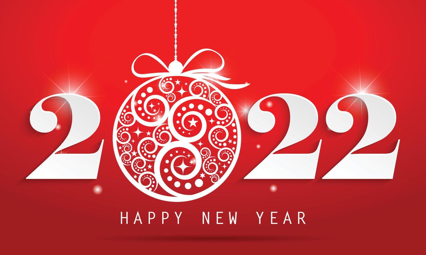 feliz año nuevo 2022 con hermosa bola chrisma sobre fondo rojo. Ilustración para folleto, postal, tarjeta de invitación. vector