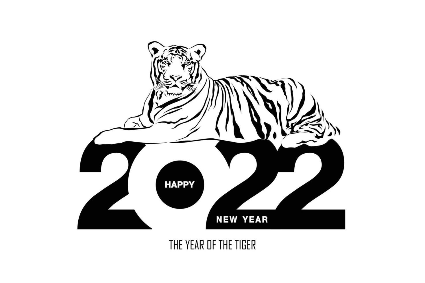 Happy new year 2022 year of tiger drawing tiger black and white lines lying on numbers 2022 for poster, brochure, banner, invitation card, vector illustration Isolated on white background.