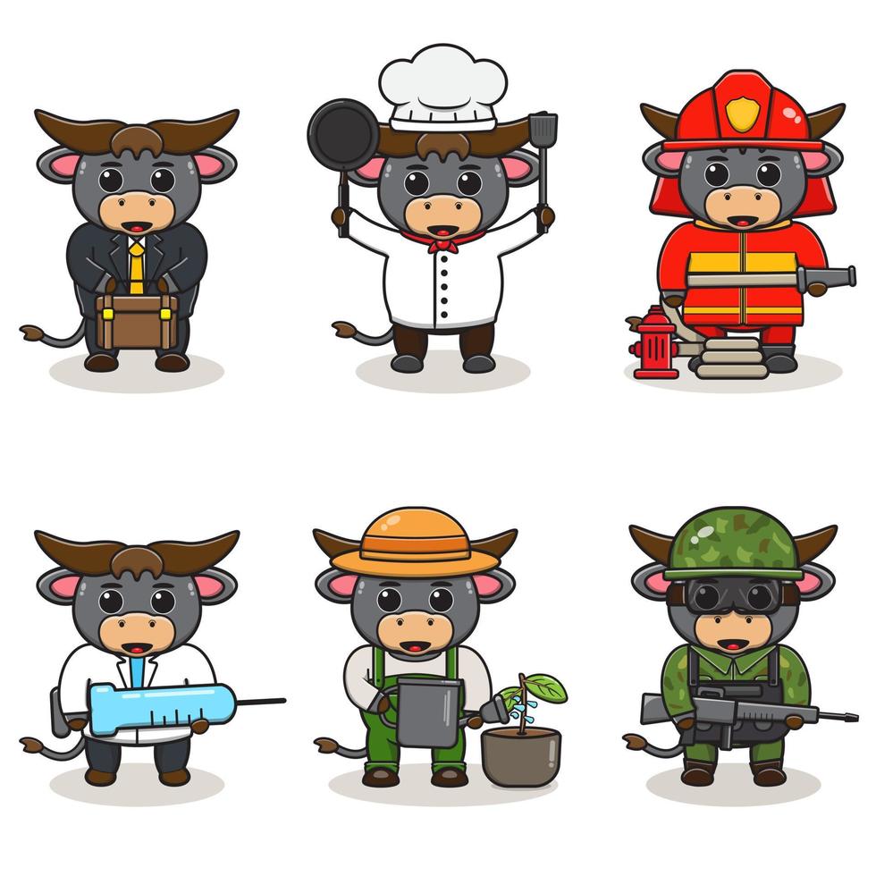 Set of Cute Cartoon Buffalo isolated on a white background. vector