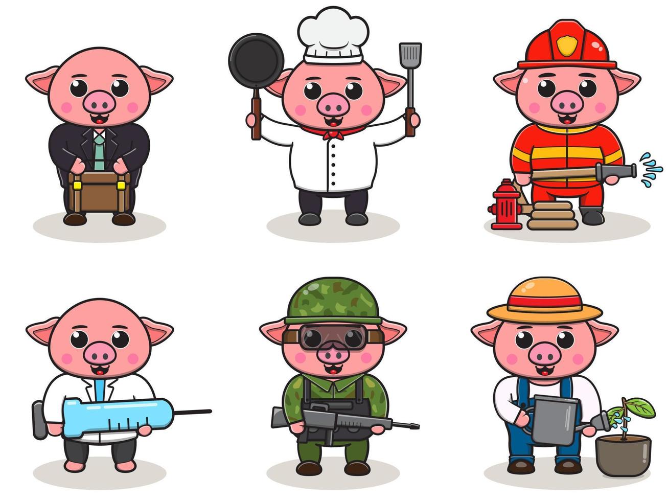 Vector illustration with cute Pig of different professions