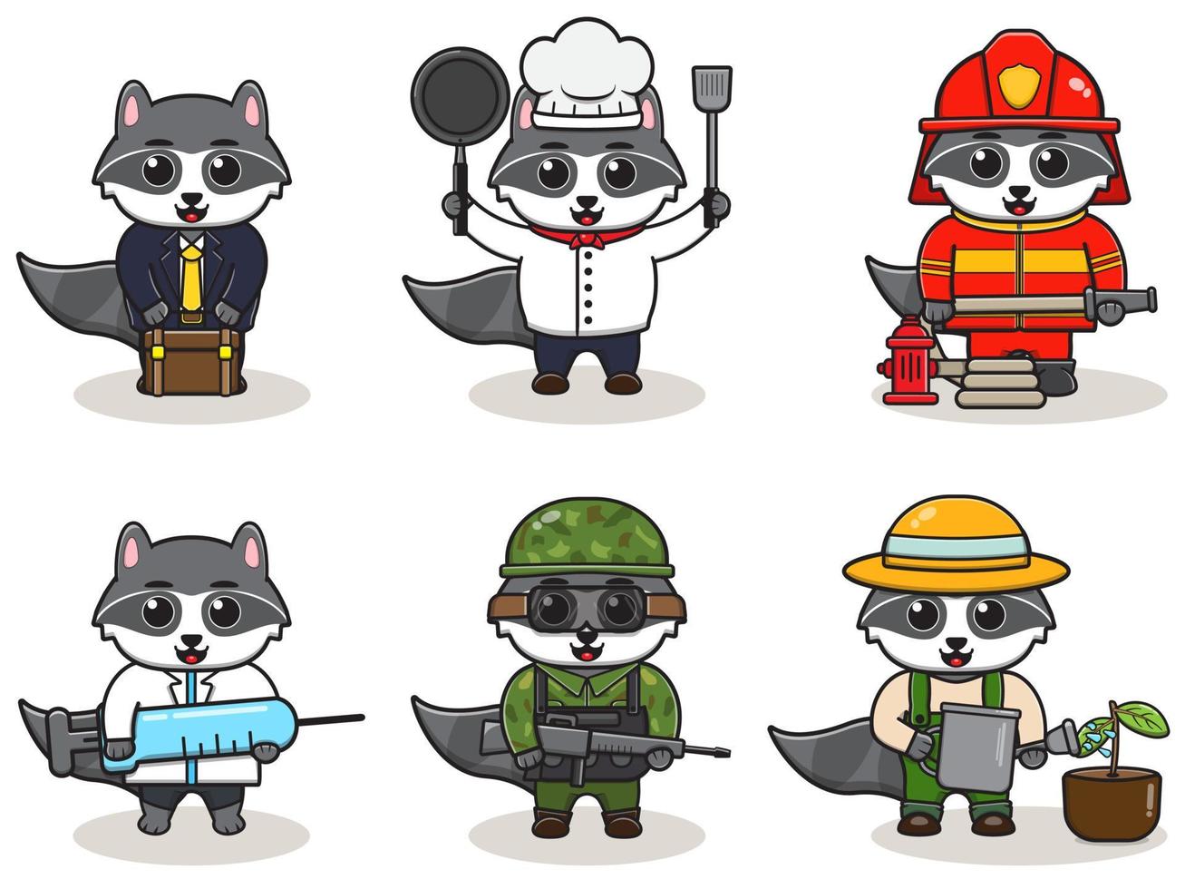 Vector illustration with cute Raccoon of different professions