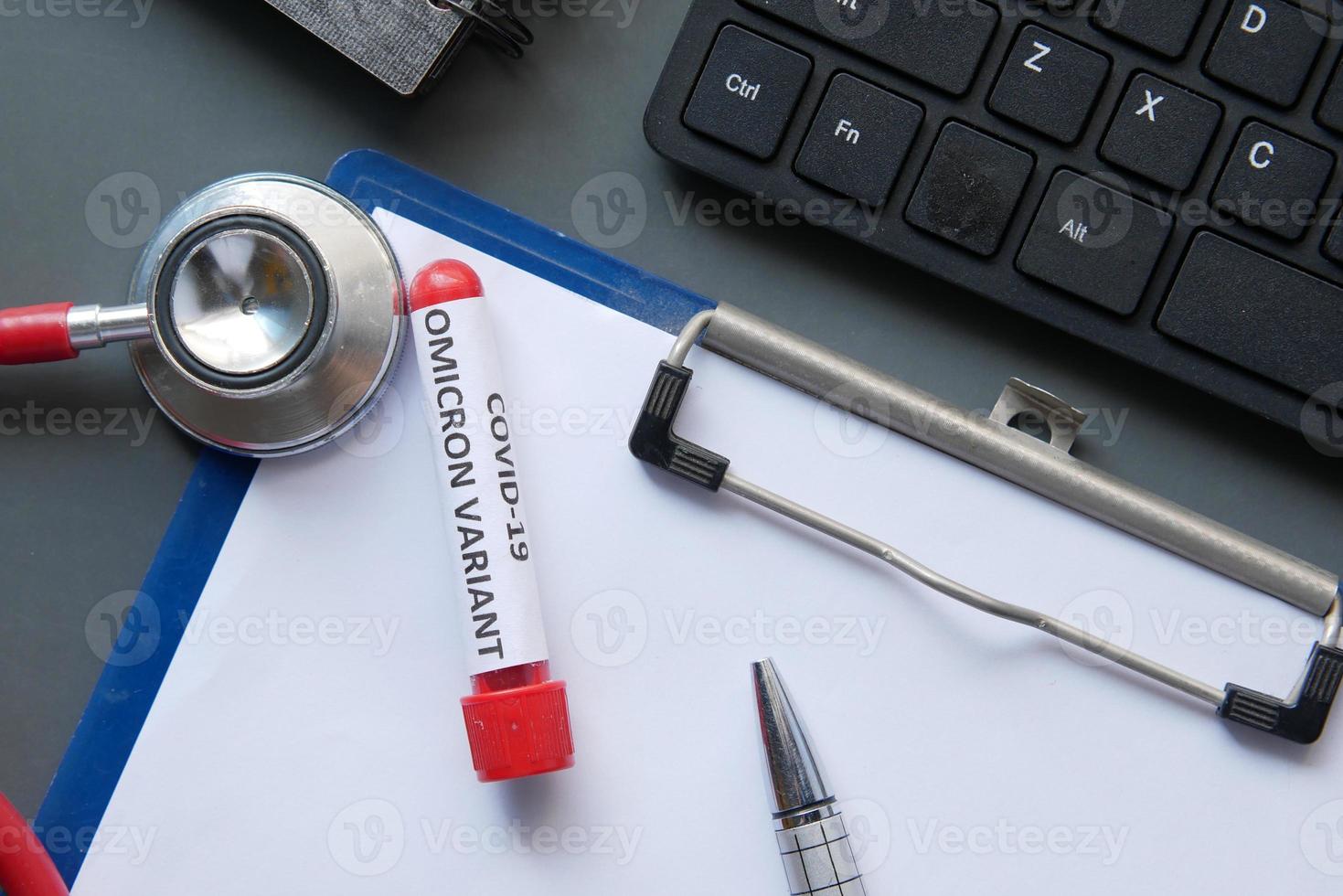 omicron variant corona virus blood test tube on red background photo