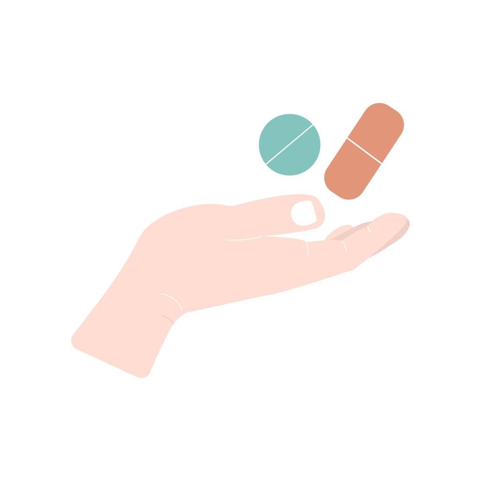Pills in hand, healthcare icon isolated on white background. Flat vector illustration