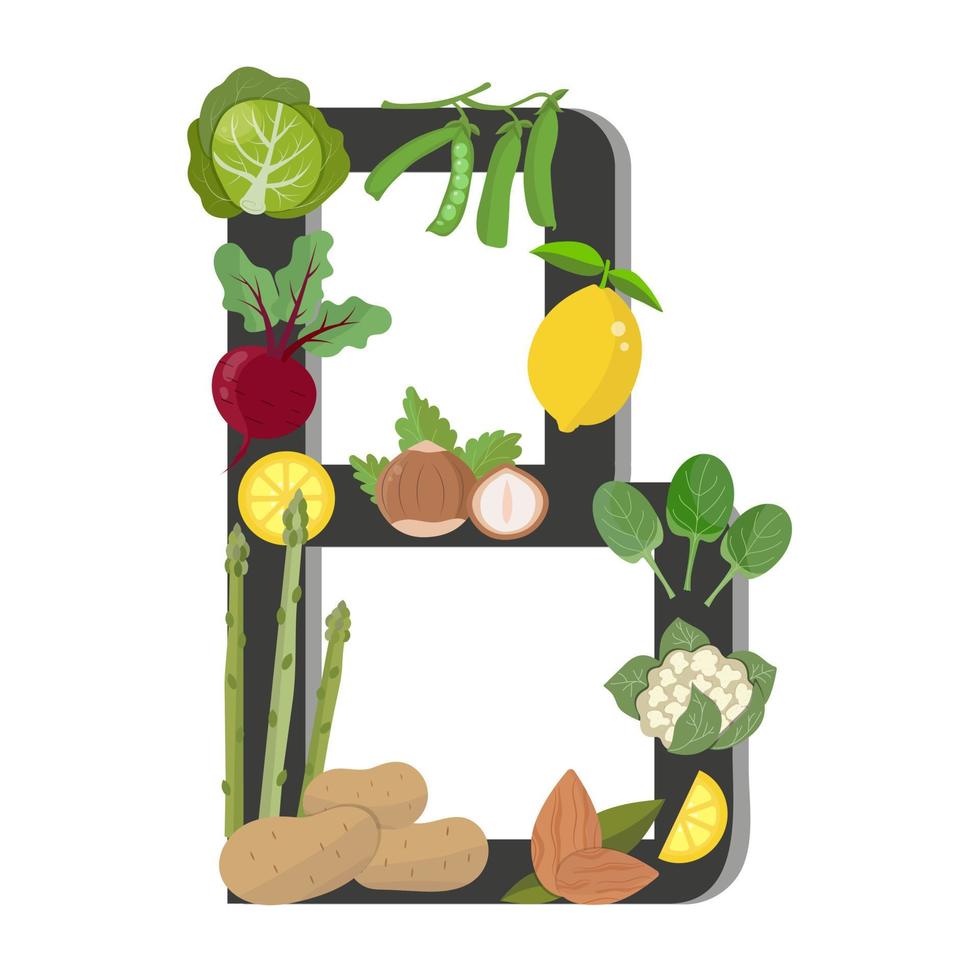 vitamina b, conjunto de verduras, frutas, bayas y nueces aisladas sobre fondo blanco. ilustración vectorial vector