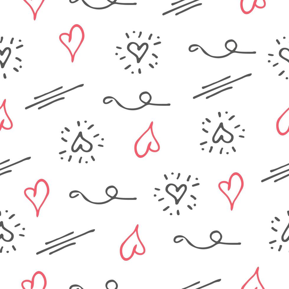Doodle hearts and underlines seamless pattern. Black and red elements on white background. Vector illustration
