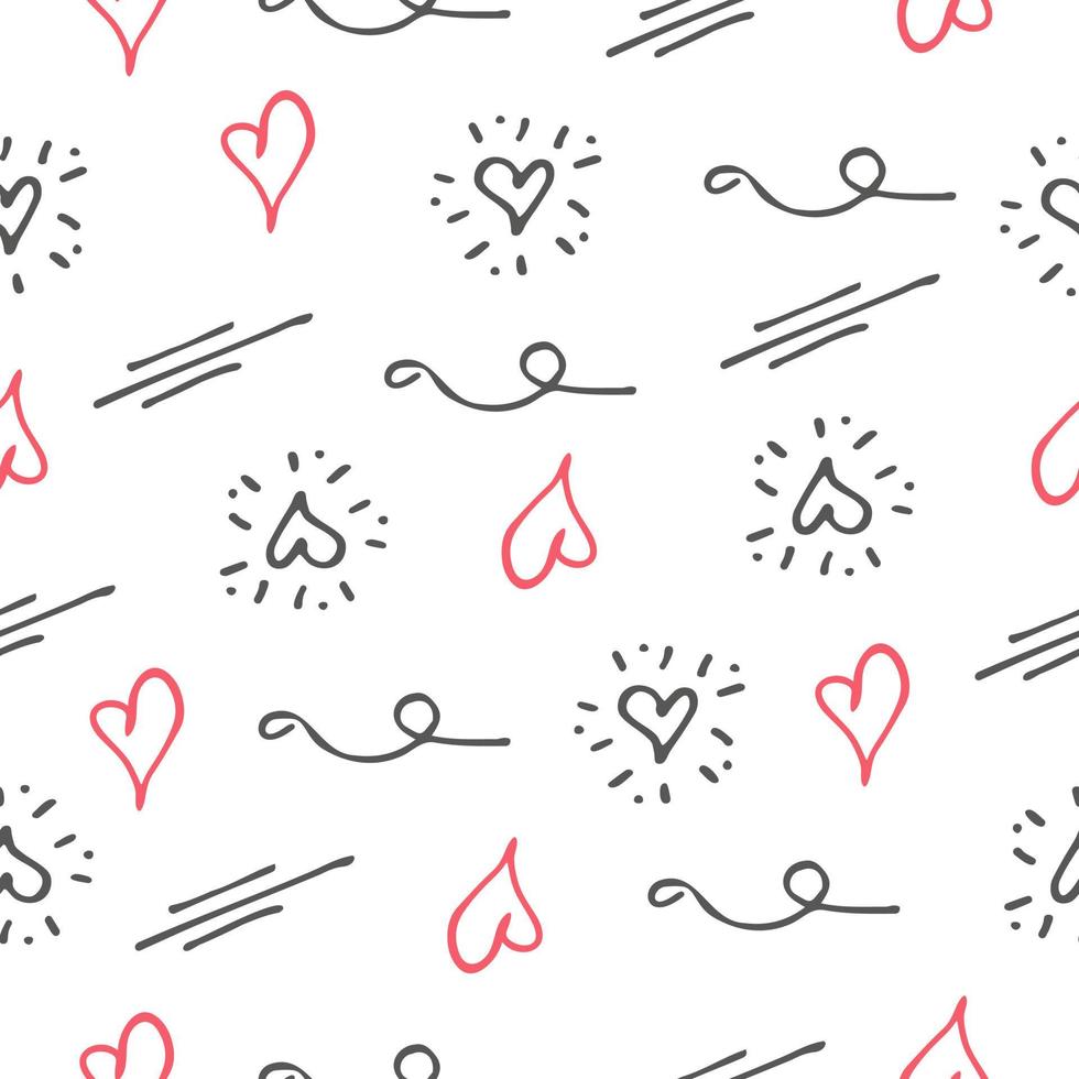 Doodle hearts and underlines seamless pattern. Black and red elements on white background. Vector illustration