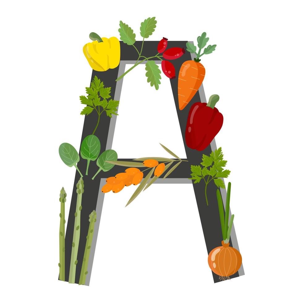 vitamina a, conjunto de verduras y bayas, letra a aislado sobre fondo blanco. ilustración vectorial vector