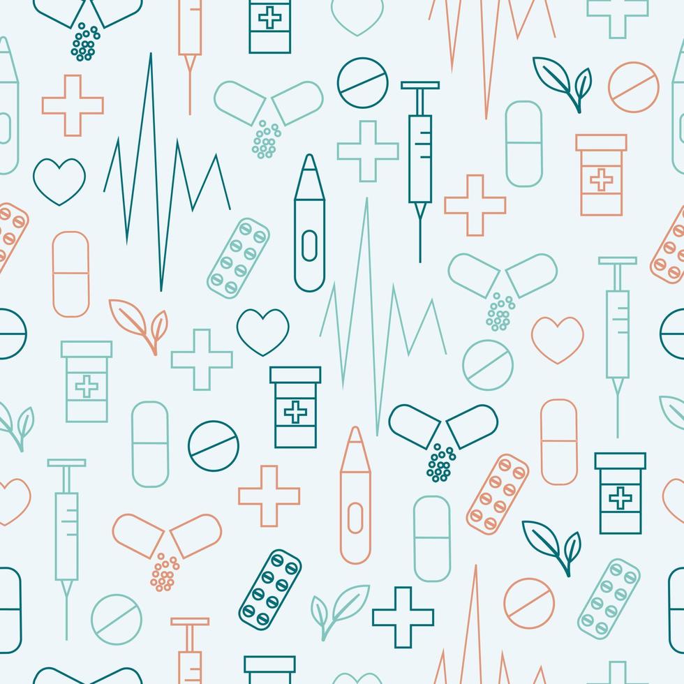 Medical outline seamless pattern with pill, syringe, heart. Vector illustration on green background