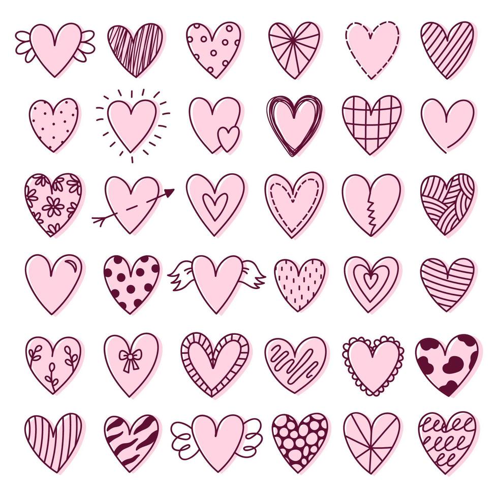 Set of cute doodle hearts for Valentine's Day isolated on white background. Vector hand-drawn illustration. Perfect for holiday designs, cards, invitations, decorations. Romantic clipart collection.