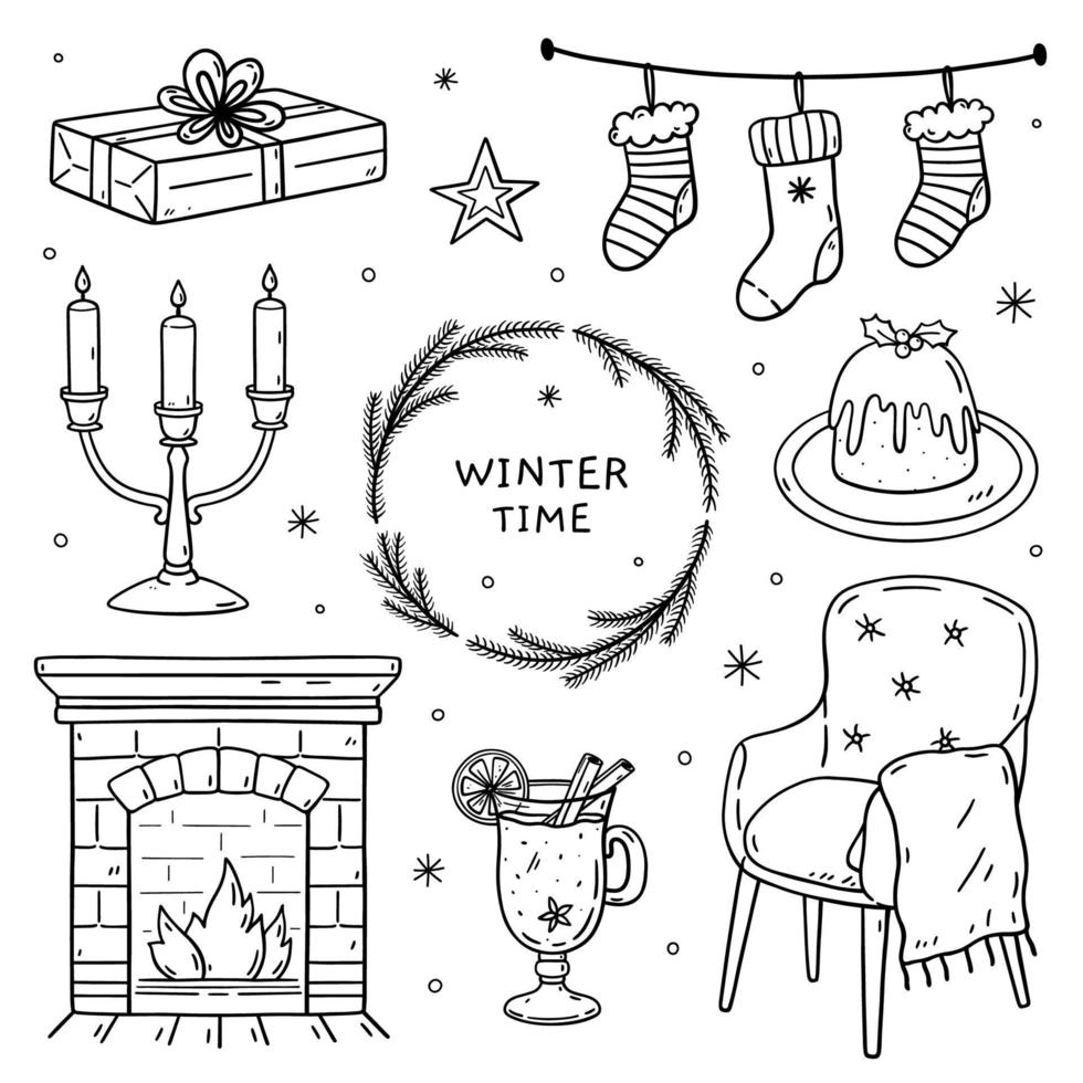 Set of winter doodles - gift, Christmas socks, traditional pudding, mulled wine, candles, fireplace and armchair. Vector hand-drawn illustration isolated on white. Perfect for holiday designs, cards.