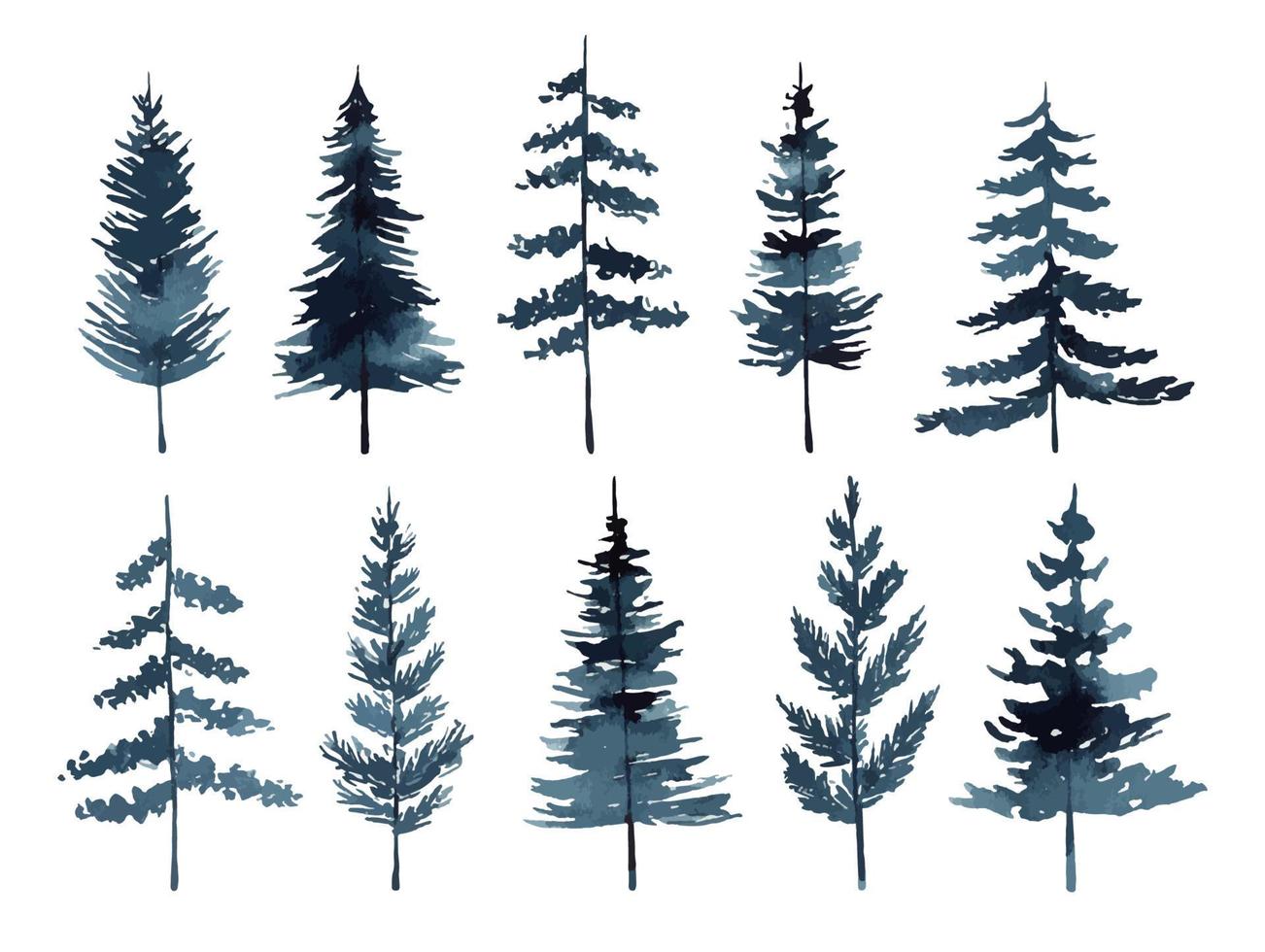 Set of watercolor pines and firs isolated on white background. Abstract silhouette trees. Perfect for holiday and Christmas designs, cards, decorations, invitations. Hand painted illustration. vector