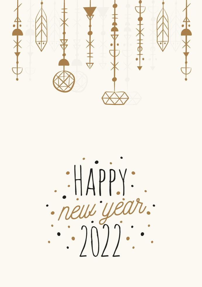 Happy New Year 2022. Vintage style. Beautiful greeting card poster calligraphy black text word gold fireworks. Vector illustration.