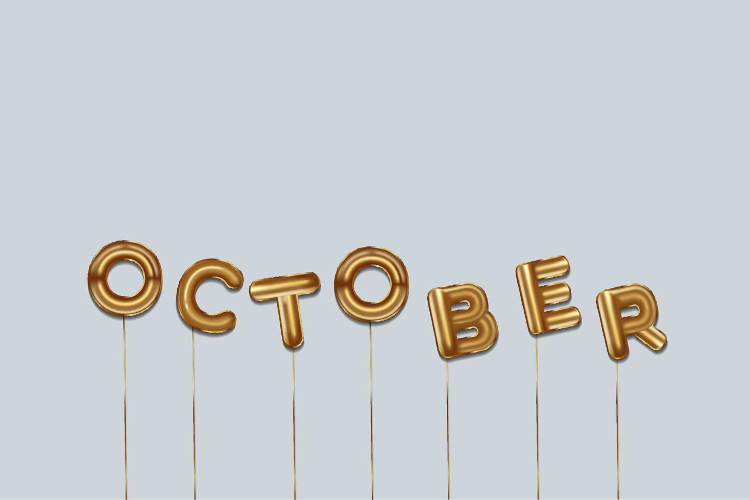 october written with foil gold balloons. october lettering with realistic gold balloons. october typography. isolated vector design. october background with copy space area