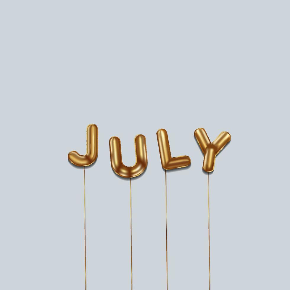 July written with foil gold balloons. july lettering with realistic gold balloons. july typography. isolated vector design