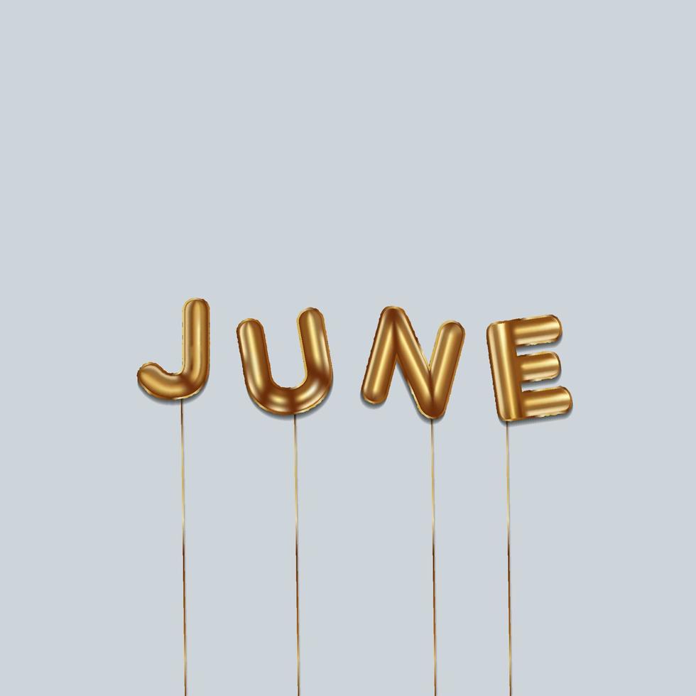 june written with foil gold balloons. june lettering with realistic gold balloons. june typography. isolated vector design