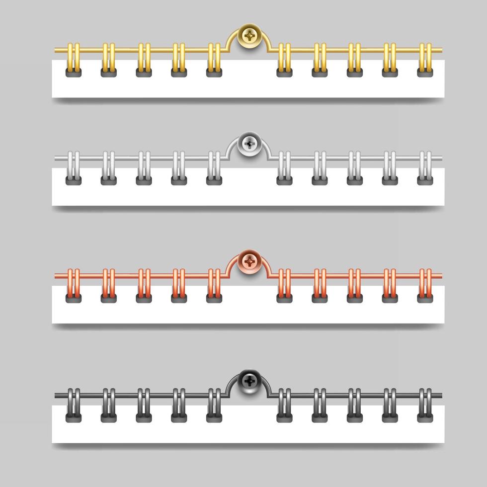 A set of springs of different colors for notebooks and calendars. Spiral binders for sheets of paper. 3D realistic mockup. Isolated on gray background, vector illustration.