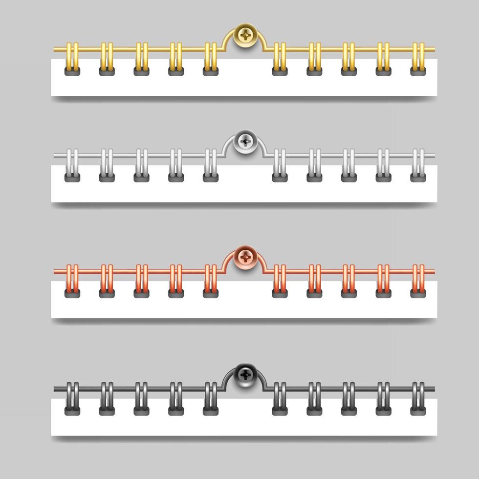 un juego de muelles de diferentes colores para cuadernos y calendarios. encuadernadores en espiral para hojas de papel. Maqueta realista 3d. aislado sobre fondo gris, ilustración vectorial. vector