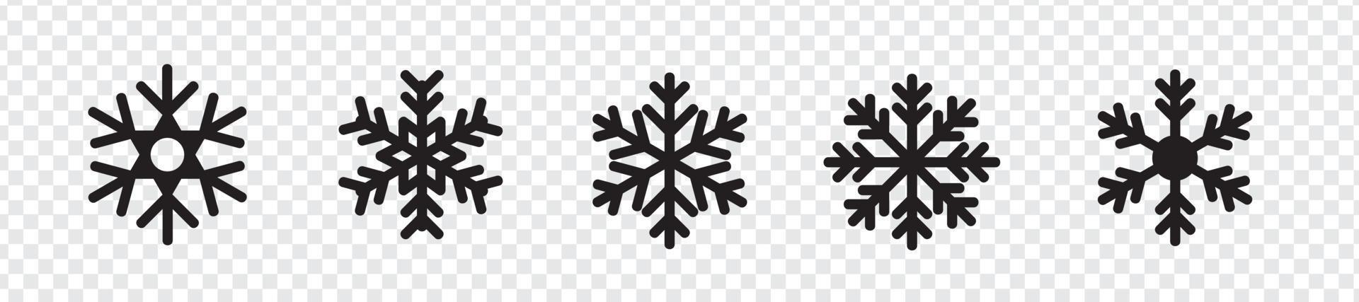 Snowflakes black icons set vector. Isolated winter snowflake symbols on background. Decorative christmas snow-flake sign. Flat design vector illustration