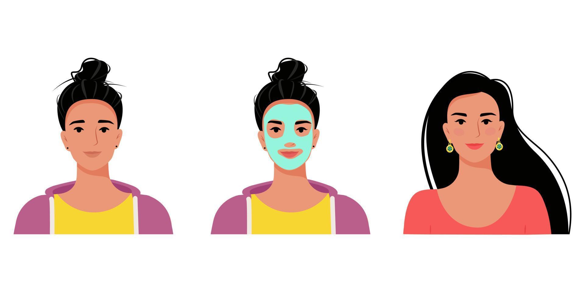 método de autocuidado, ver antes y después del autocuidado. mujer con una máscara en el rostro. ilustración vectorial en estilo plano vector