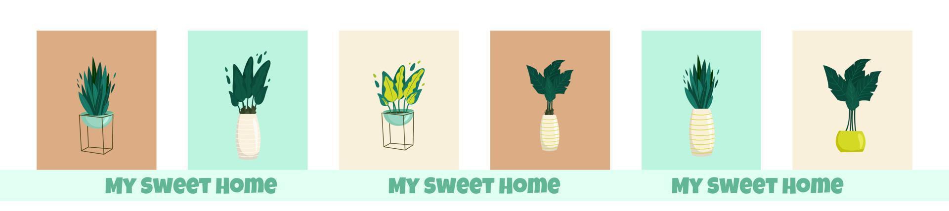 Home sweet home text Postcard Set , Lush tropical leaves and green foliage. Vector print design