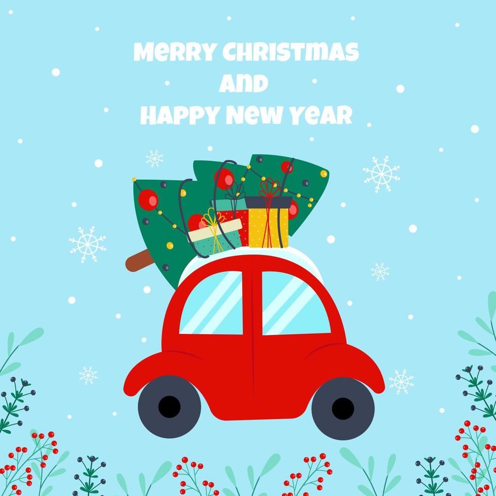 Merry Christmas and New Year greeting card. Vector illustration in flat style. Car carries a Christmas tree.