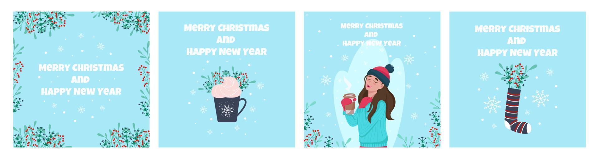 Merry Christmas and New Year greeting card Set. Vector illustration in flat style