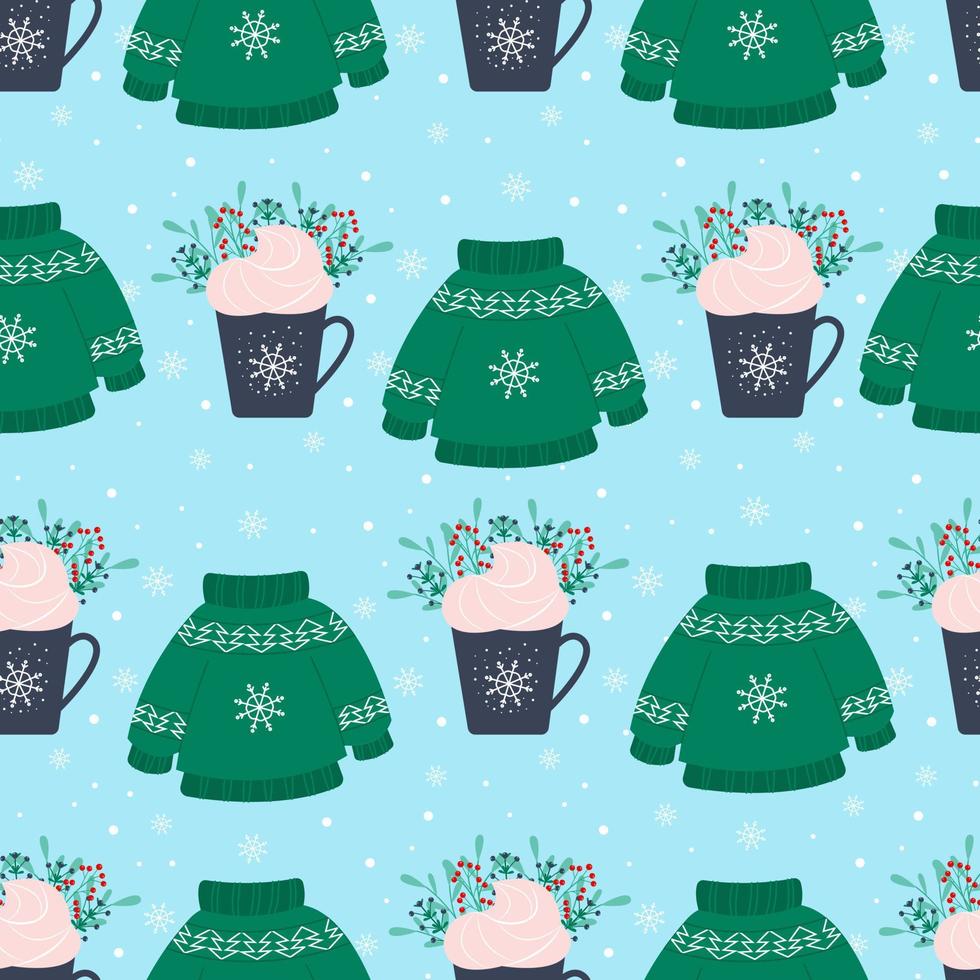 Christmas mug and winter sweater seamless pattern, vector illustration in flat style