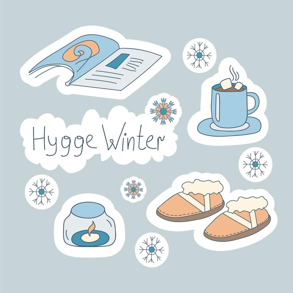 Doodle establece Hygge invierno. botas acogedoras lineales, revista, taza de chocolate, vela encendida y copos de nieve. invierno. ilustración vectorial en estilo escandinavo y nórdico. dibujado a mano y diseño de pegatinas. vector