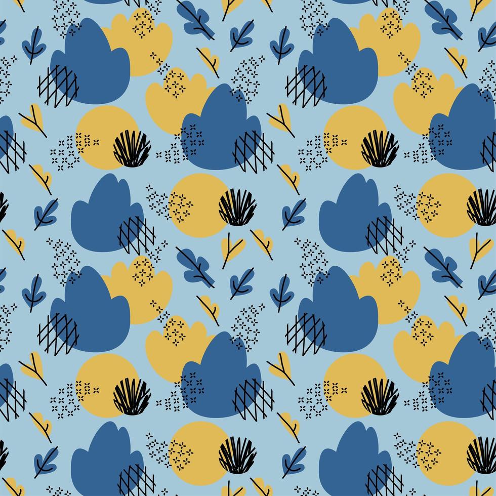 color azul y mostaza doodle de patrones sin fisuras abstractas con arbustos, hojas, flores y círculos. Fondo de texturas dibujadas a mano de moda. diseño abstracto para papel, tela, decoración de interiores, envoltura vector