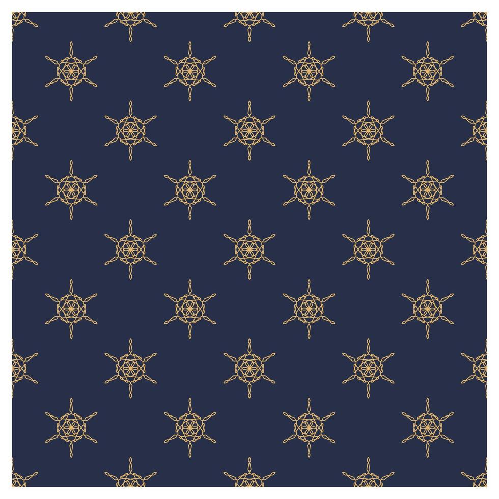 Gold snow flake seamless pattern on dark blue background. Vector Chritsmas ornament design for prints, package, cover, greeting card, digital, web, wallpaper.