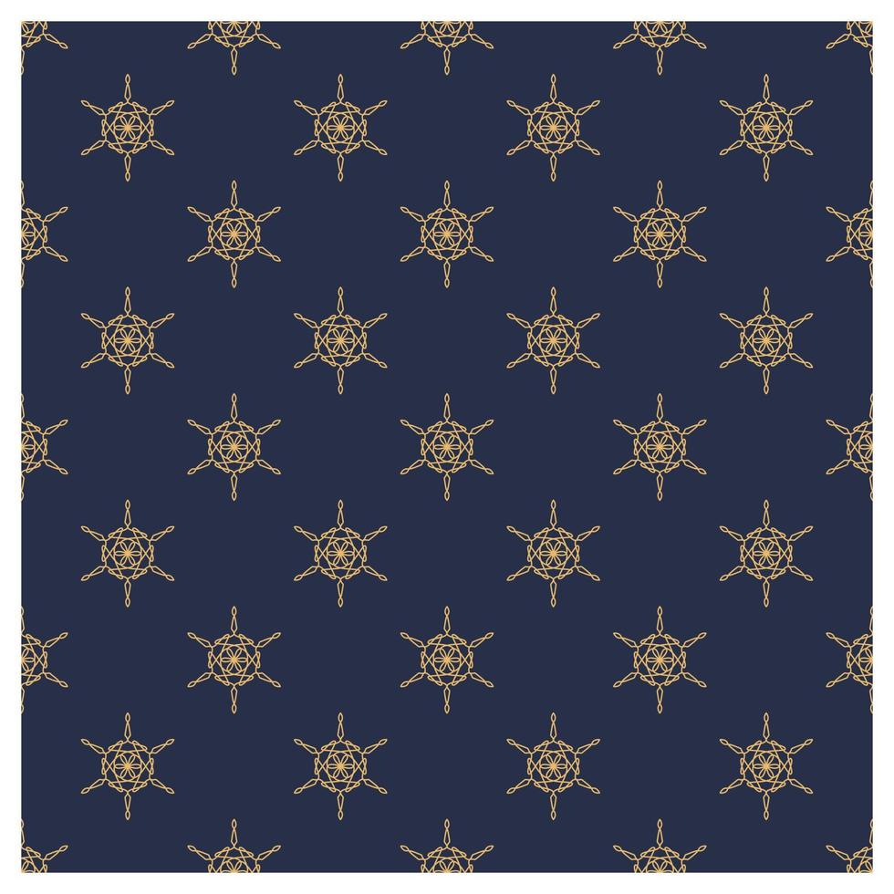 Gold snow flake seamless pattern on dark blue background. Vector Chritsmas ornament design for prints, package, cover, greeting card, digital, web, wallpaper.