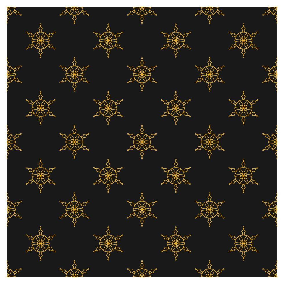 Gold snow flake seamless pattern on black background. Vector Chritsmas ornament design for prints, package, cover, greeting card, web, wallpaper.