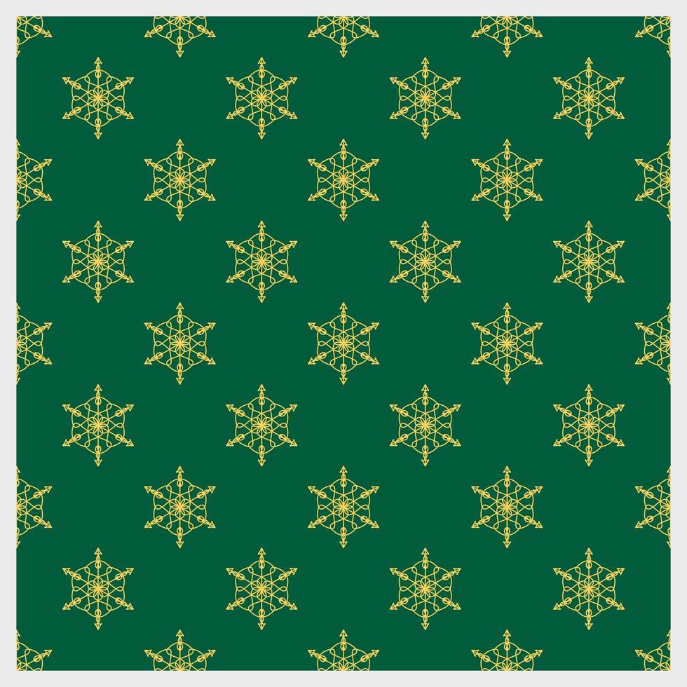Gold snow flake seamless pattern on green background. Vector Chritsmas ornament design for prints, greeting card, digital, web, wallpaper.