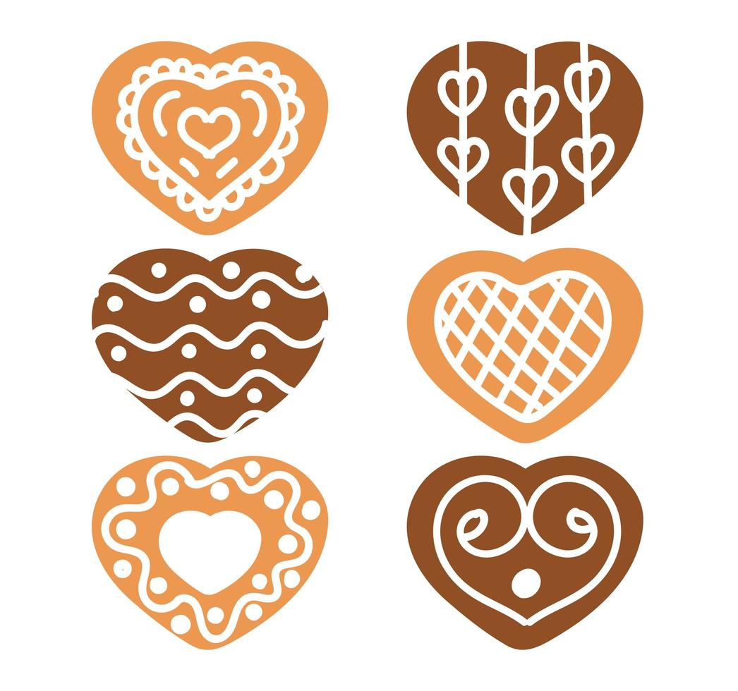 colección de galletas de jengibre. colección en forma de corazón de san valentín vector