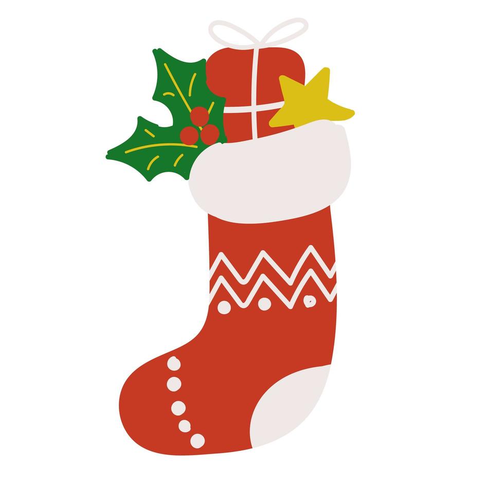 Christmas sock with gift, star, and mistletoe branches vector
