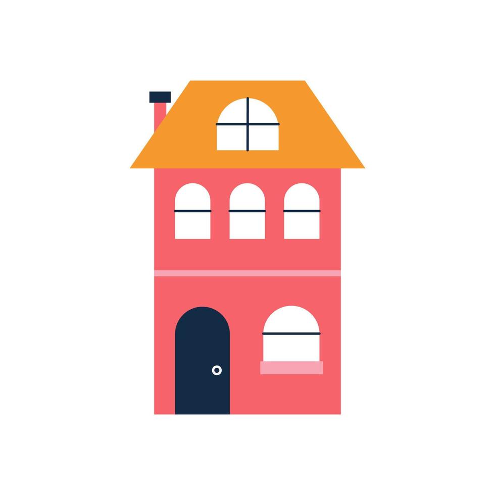 Cute red house of three floors. Vector flat illustration