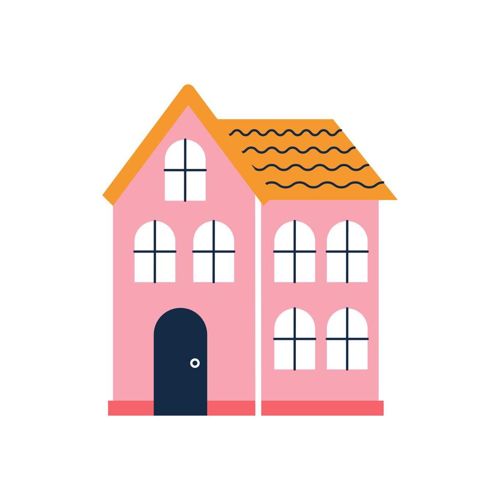 linda casa rosada de tres plantas. vector ilustración plana