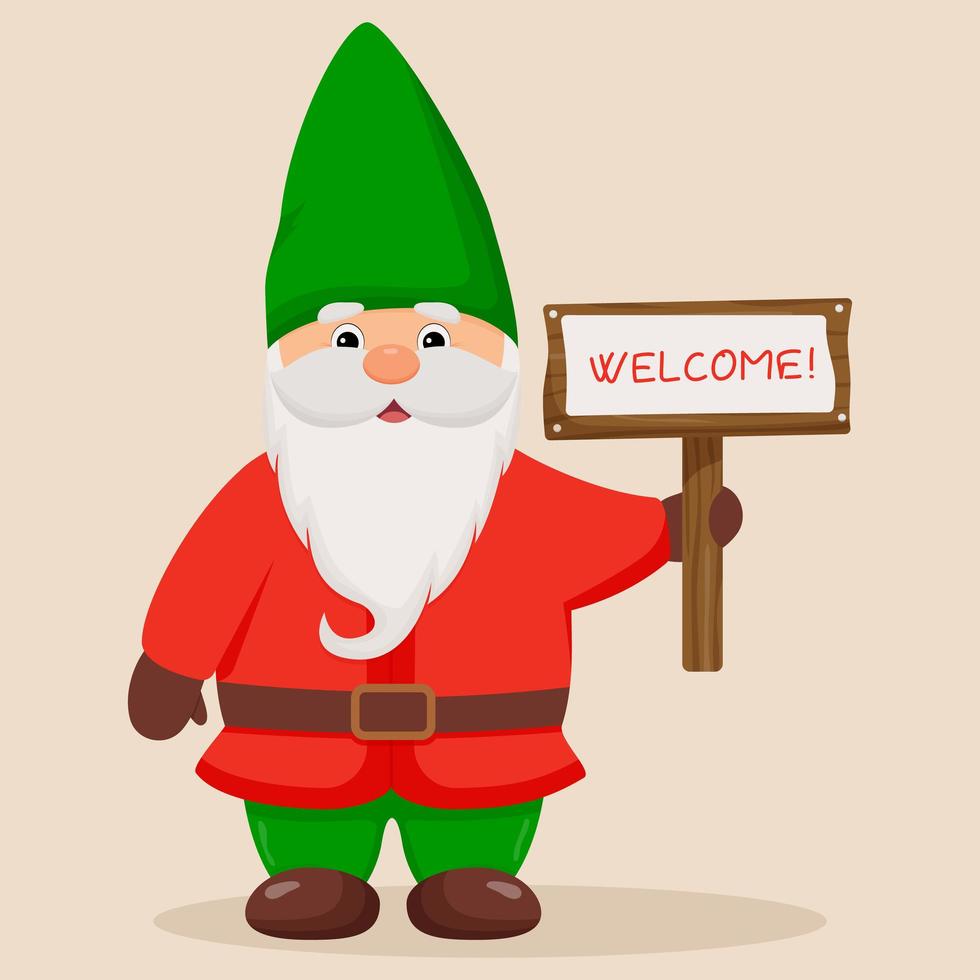 Cute garden gnome with a sign Welcome in his hands. vector