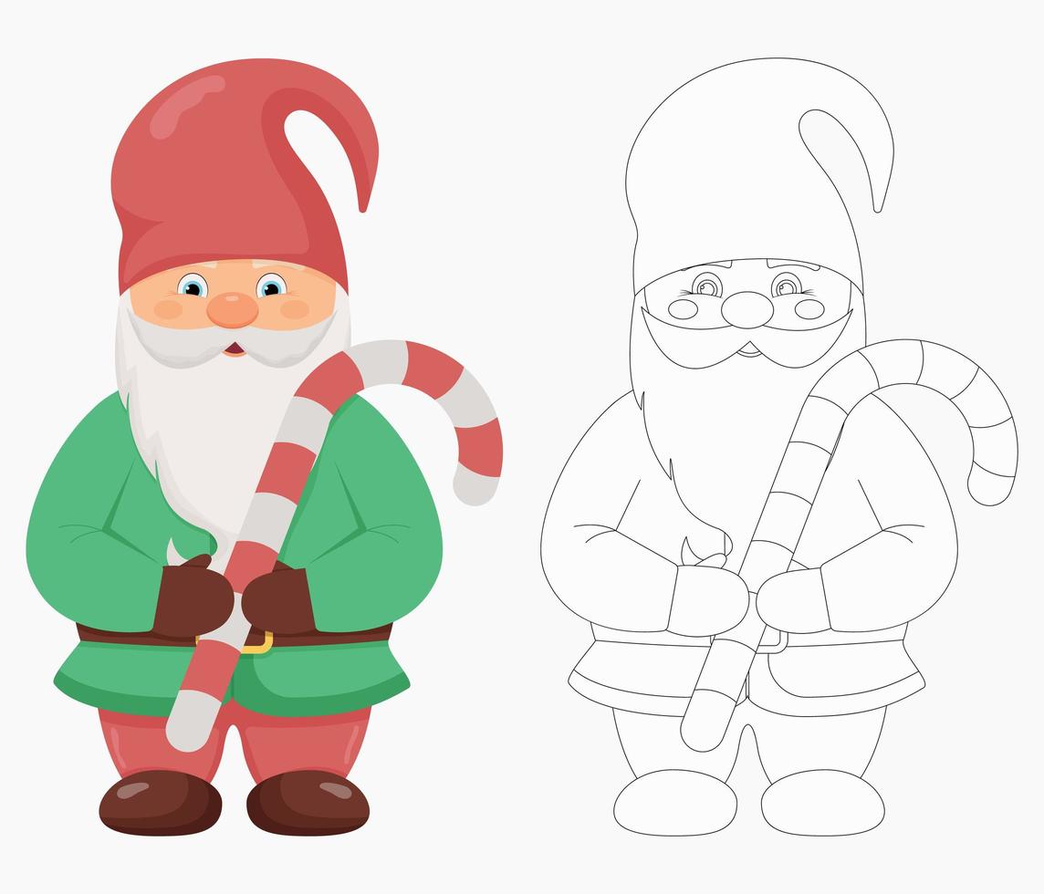 lindo gnomo con un bastón de caramelo en sus manos. personaje de navidad y año nuevo. gnomo en color y contorno vector